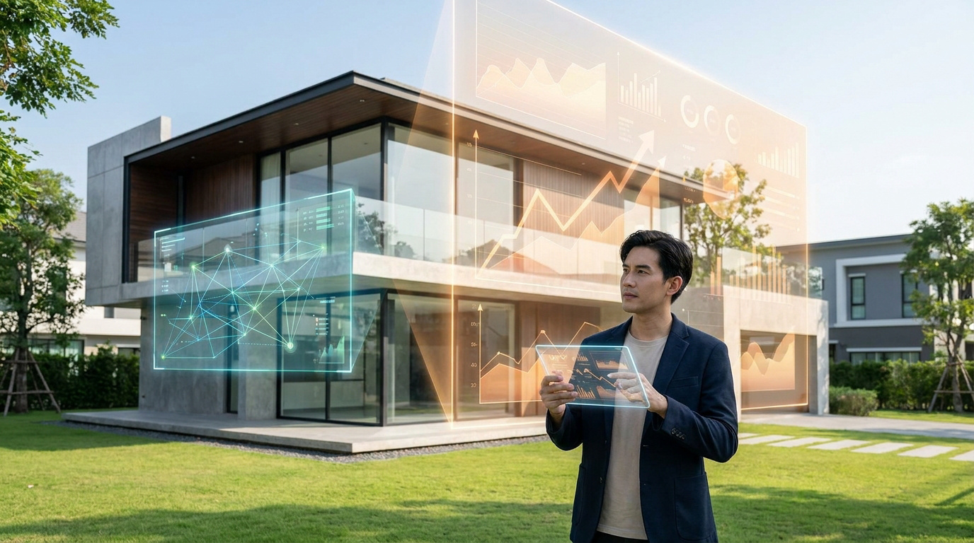 Homme d'affaires utilisant une tablette numérique devant une maison moderne avec des graphiques de données holographiques.