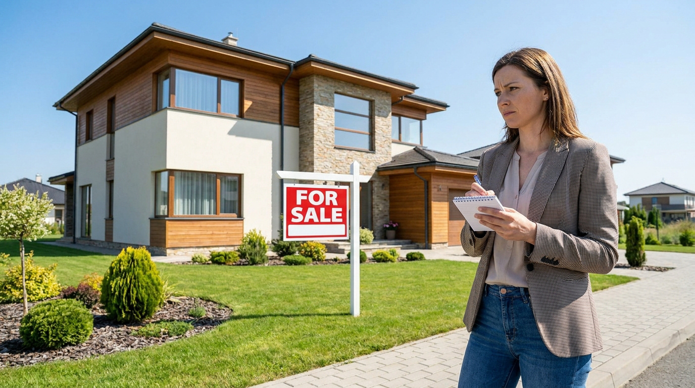 Une agente immobilière prend des notes devant une belle maison moderne avec un panneau "À vendre" dans le jardin.