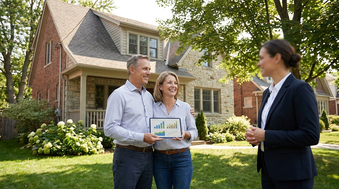 Un couple présente des graphiques de marché immobilier à une courtière devant leur maison à Québec.