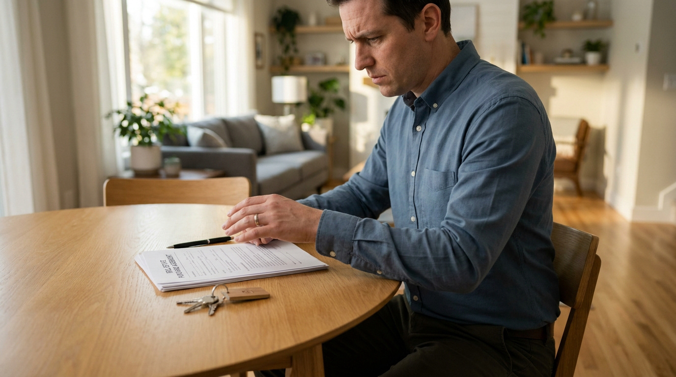 Un homme est assis à une table en bois et examine sérieusement un contrat immobilier avec un trousseau de clés posé.