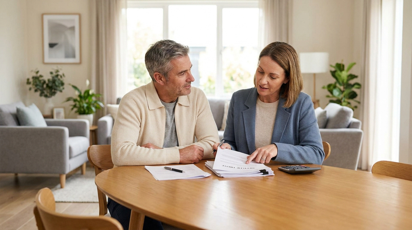 Un couple examine des documents juridiques avec une conseillère autour d'une table dans un salon lumineux.
