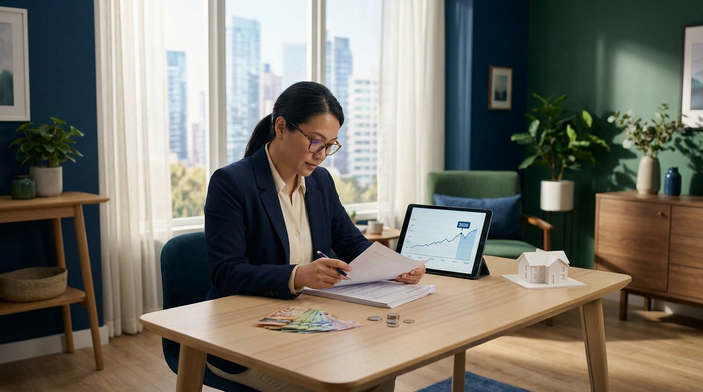 Une femme d'affaires examine des documents financiers près d'une tablette affichant un graphique de croissance pour 2026.