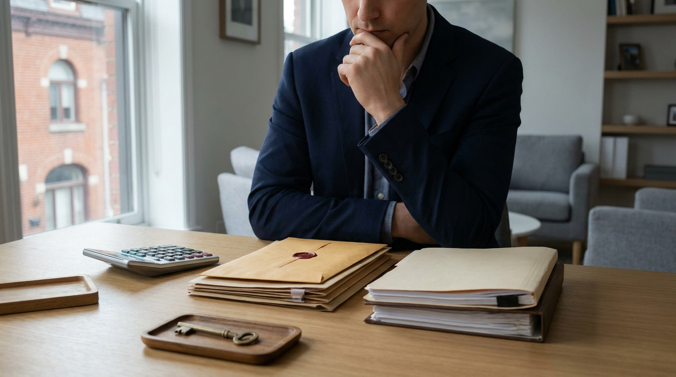 Un homme en costume réfléchit à des documents juridiques avec une clé sur une table.