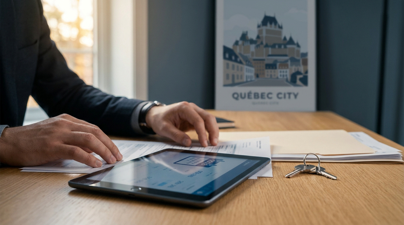 Un professionnel en complet utilise une tablette pour calculer les frais immobiliers avec des clés sur le bureau.